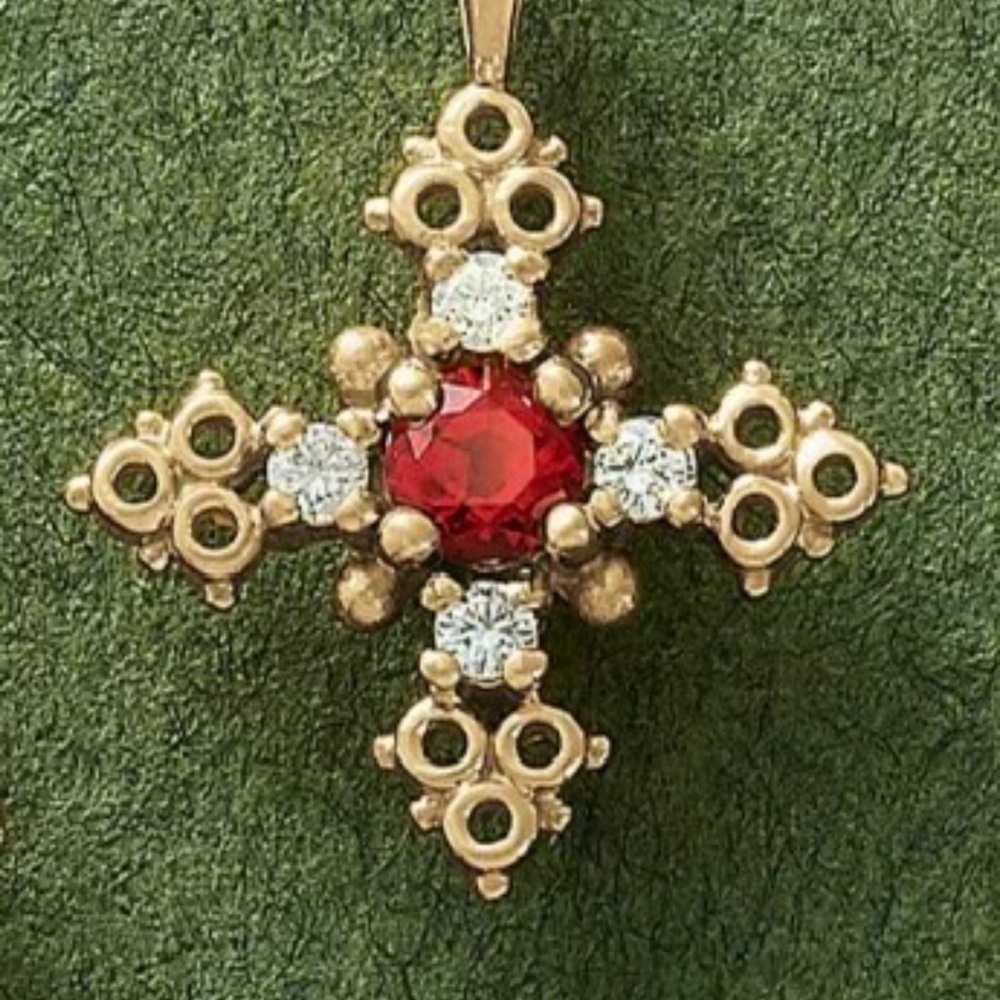 James Avery 18K Gold Cross with Diamond & Ruby Gemstones (Retired)